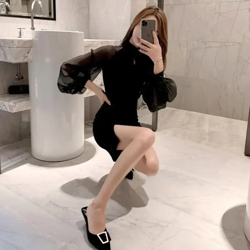Sensual Sexy Dresses for Women Splicing Woman Long Sleeve Dress Mesh Elegant Chic Cheap Casual One-piece Elastic Pretty Kpop Y2k