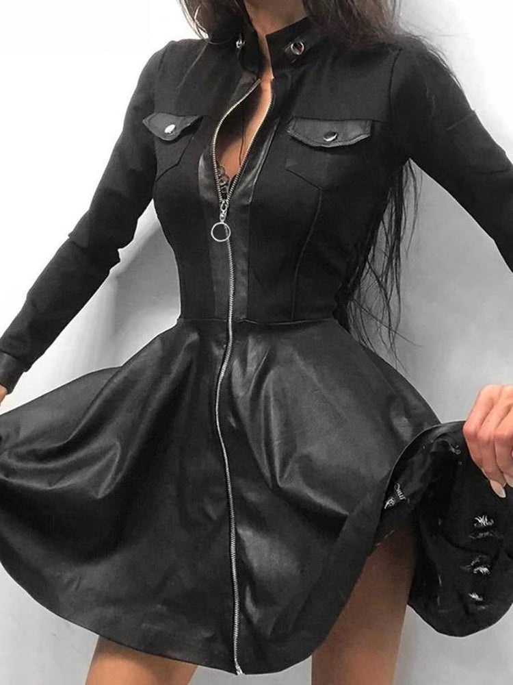 Faux Leather Dress Women Sexy Lace Mini Dress