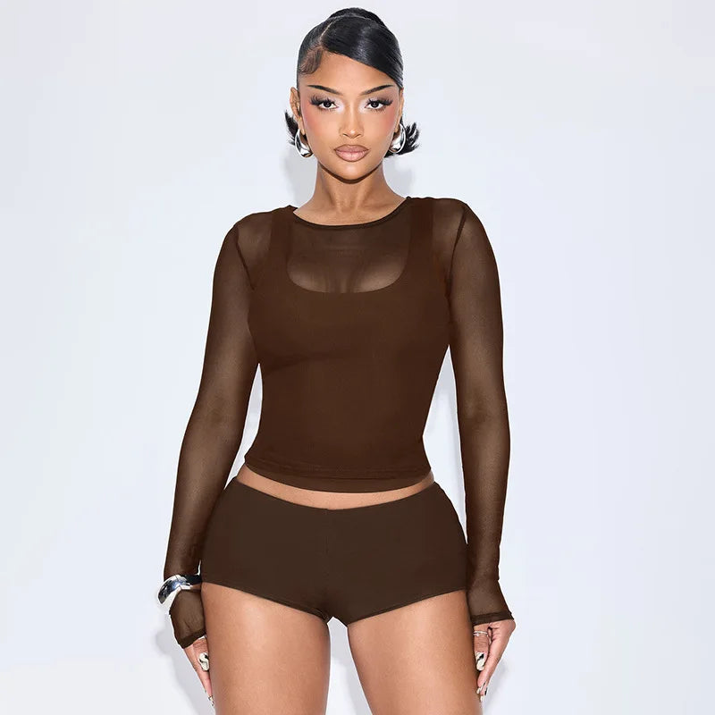 FAGADOER Sexy Mesh 4 Pieces Set for Woman Outfits Solid Color Long Sleeve Crop Top + Shorts Matching Female Streetwear Clothing