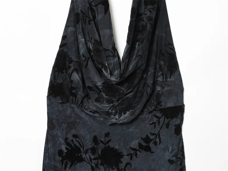 Women's Dress 2025 Autumn New Style Dark Gray Halter Neck Velour Sexy Patterned Dress Elegant and Graceful