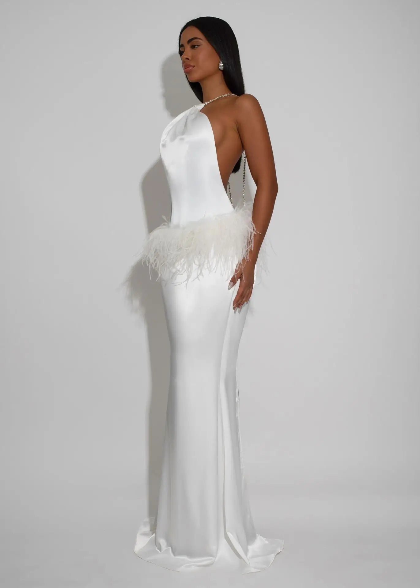 Sexy Satin Mermaid Evening Gown Halter Neck Beaded Knot Feather