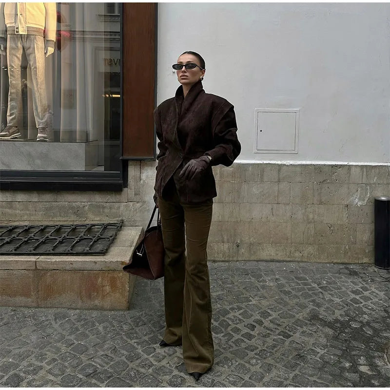 Brown Single Breasted Suede Jacket Women's Fashion