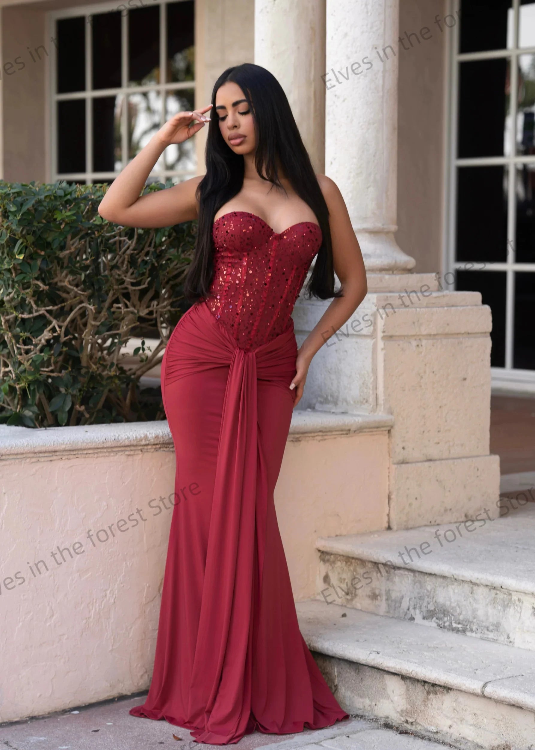 Sexy Burgundy Mermaid Evening Dresses Sweetheart Sequin Sleeveless Prom Gown