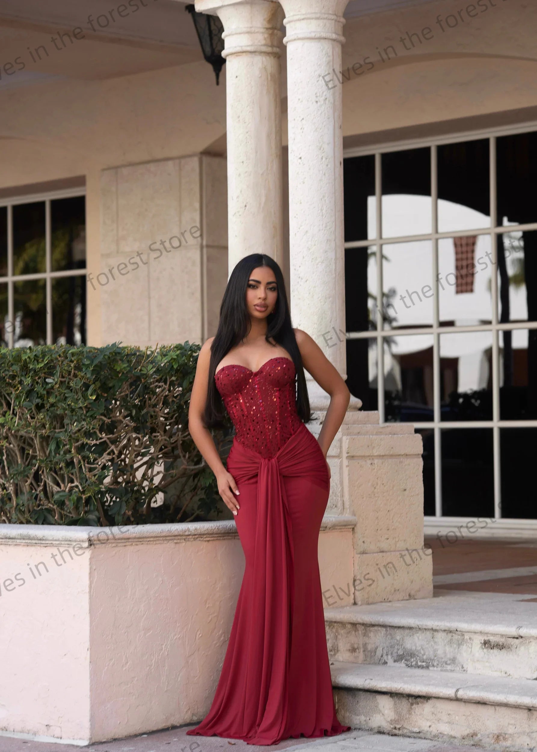 Sexy Burgundy Mermaid Evening Dresses Sweetheart Sequin Sleeveless Prom Gown