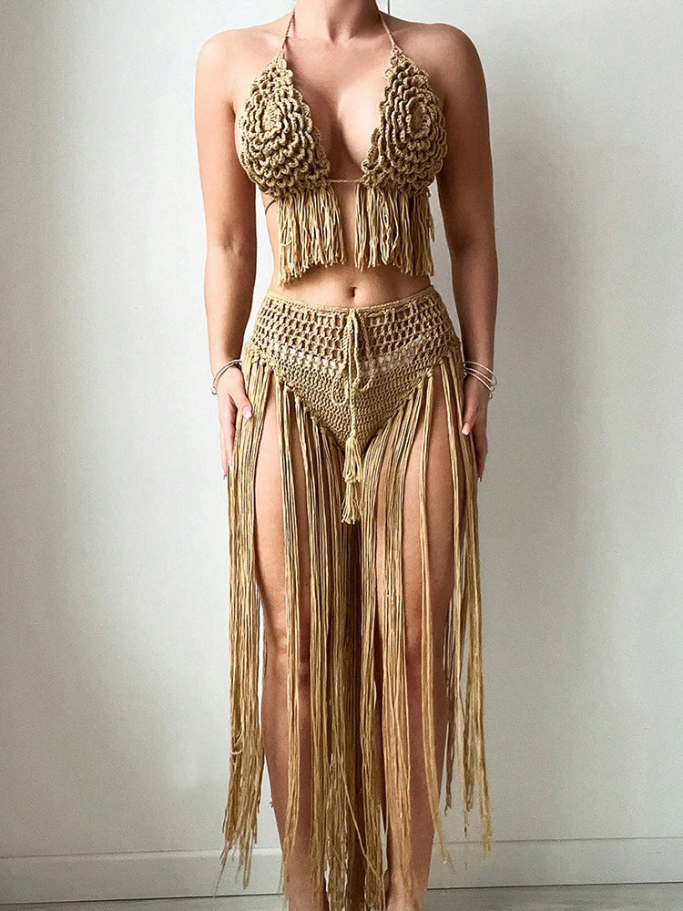 Women Floral Crochet Flower Long Tassel Bikini Set Summer Swimwear