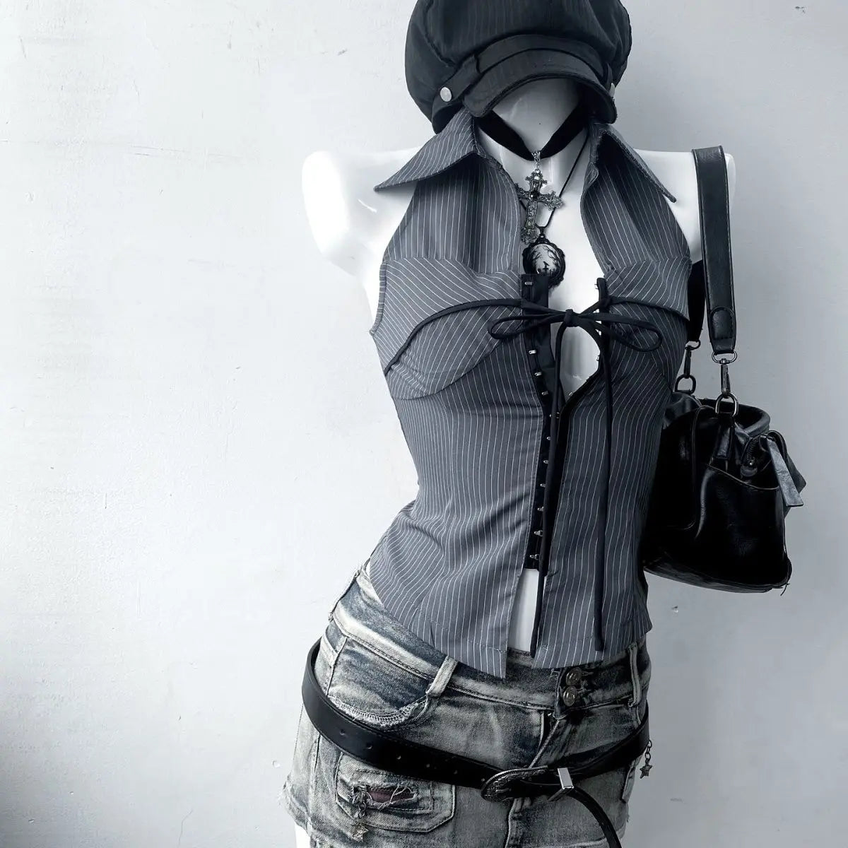 Vintage T-shirt Streetwear 90s Slim Sexy Goth Y2k Clothes Aesthetic Harajuku High Street Stripe Laceup Summer Fashion Grunge Tee