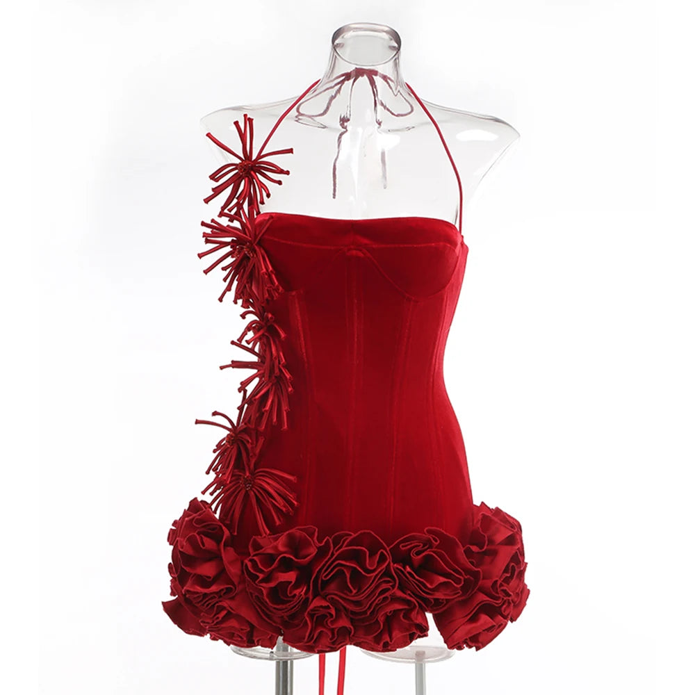 Black Velvet Mini Dress with Floral Ruffled Summer Women Dress