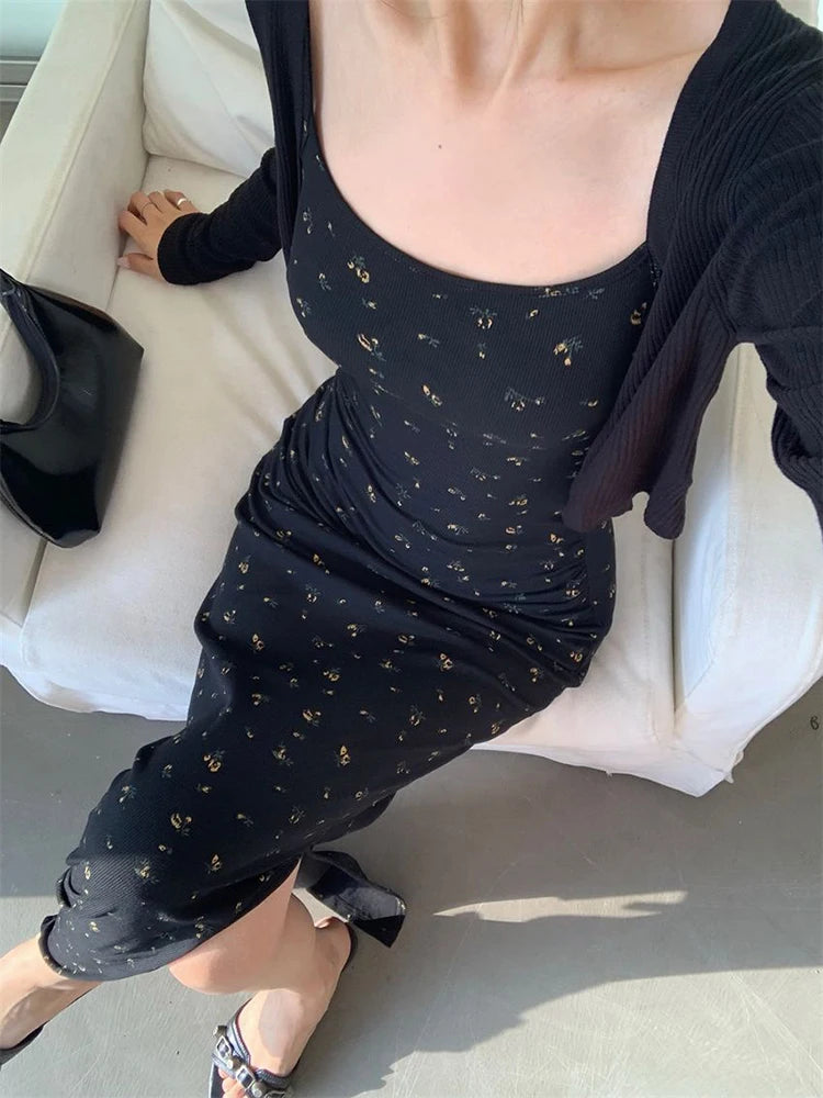 Women Summer Sexy Bodycon Dress Lady Sexy Spaghetti Strap Sleeveless Split Sheath Floral Dress Maxi Black Vestidos