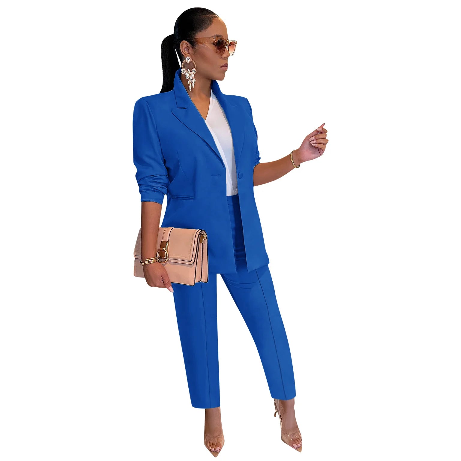Women's Suit Blazer and Pants Casual Fashion Solid Long Sleeved Versatile Coat Tight Trousers Set Slim Fit Office 2 Piece Suit