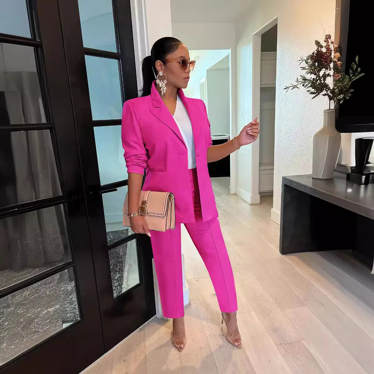 Women's Suit Blazer and Pants Casual Fashion Solid Long Sleeved Versatile Coat Tight Trousers Set Slim Fit Office 2 Piece Suit