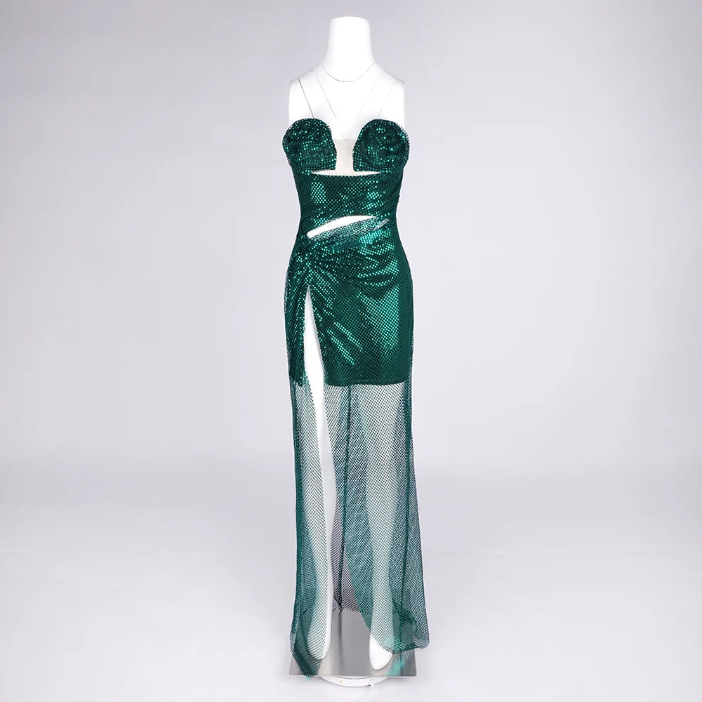 Women Sexy Emerald Green Strapless Sequin Gown With 3D Flower Detail