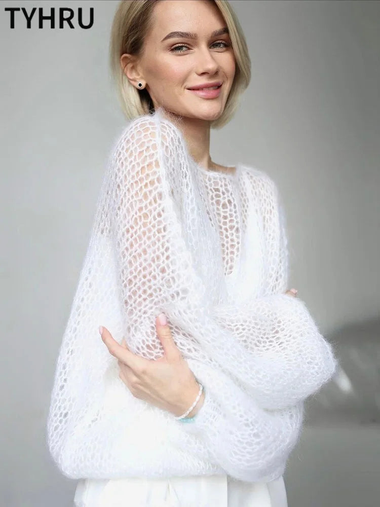 Women’s Hollow Out Mesh Lantern Sleeve Sweater