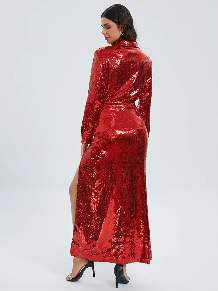 Autumn Women Sequins Two Piece Set Sexy Gold Long Sleeve