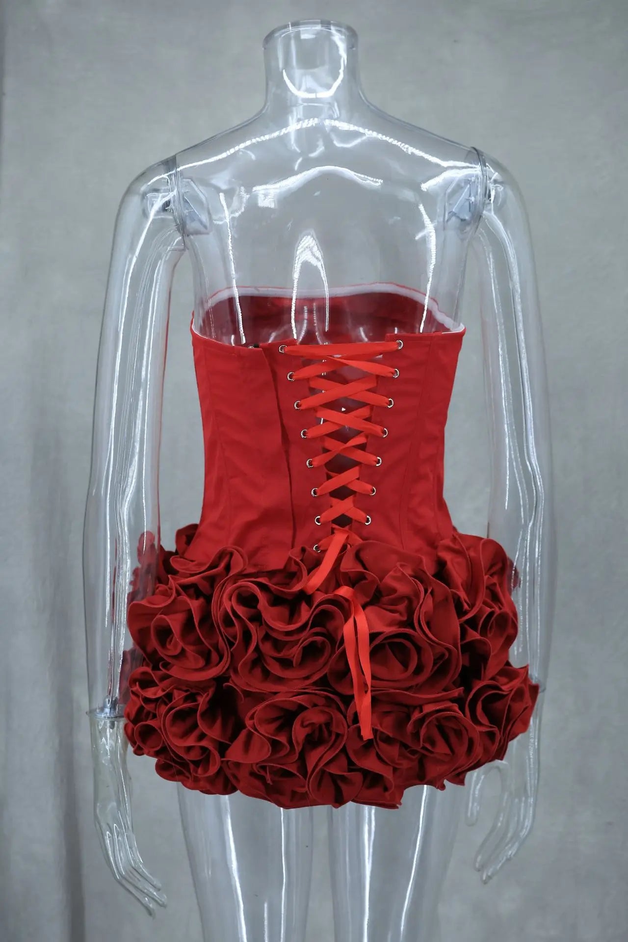 Women Sexy Red 3D Flowers Dress Sets Y2K Fishbone Bandage Adjustable Tube Top Flower Mini Skirt Suit High Street Women Outfits