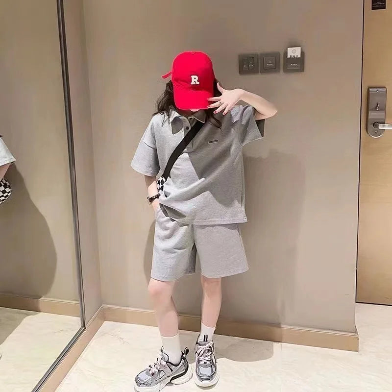 Girls Polo Collar Top & Sports Shorts Set