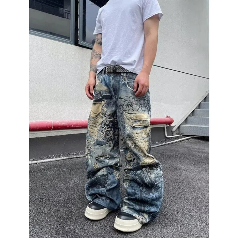 American High Street Retro 3D Digital Illusion Worn out Men's Women's Loose Straight Leg Wide Leg Long Jeans Casual Faion