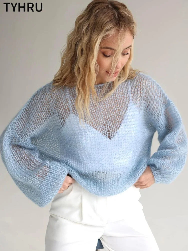 Women’s Hollow Out Mesh Lantern Sleeve Sweater