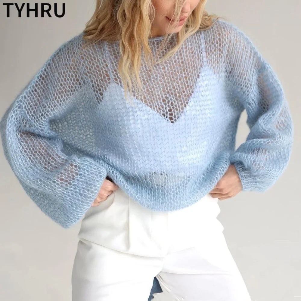 Women’s Hollow Out Mesh Lantern Sleeve Sweater
