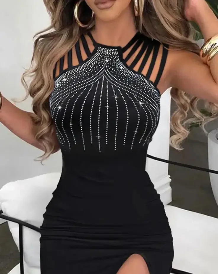 Sexy Dress for Women Rhinestone Decor Elegant Fashion Multi-Strap High Slit O-Neck Sleeveless Maxi Skinny Female Party Dress