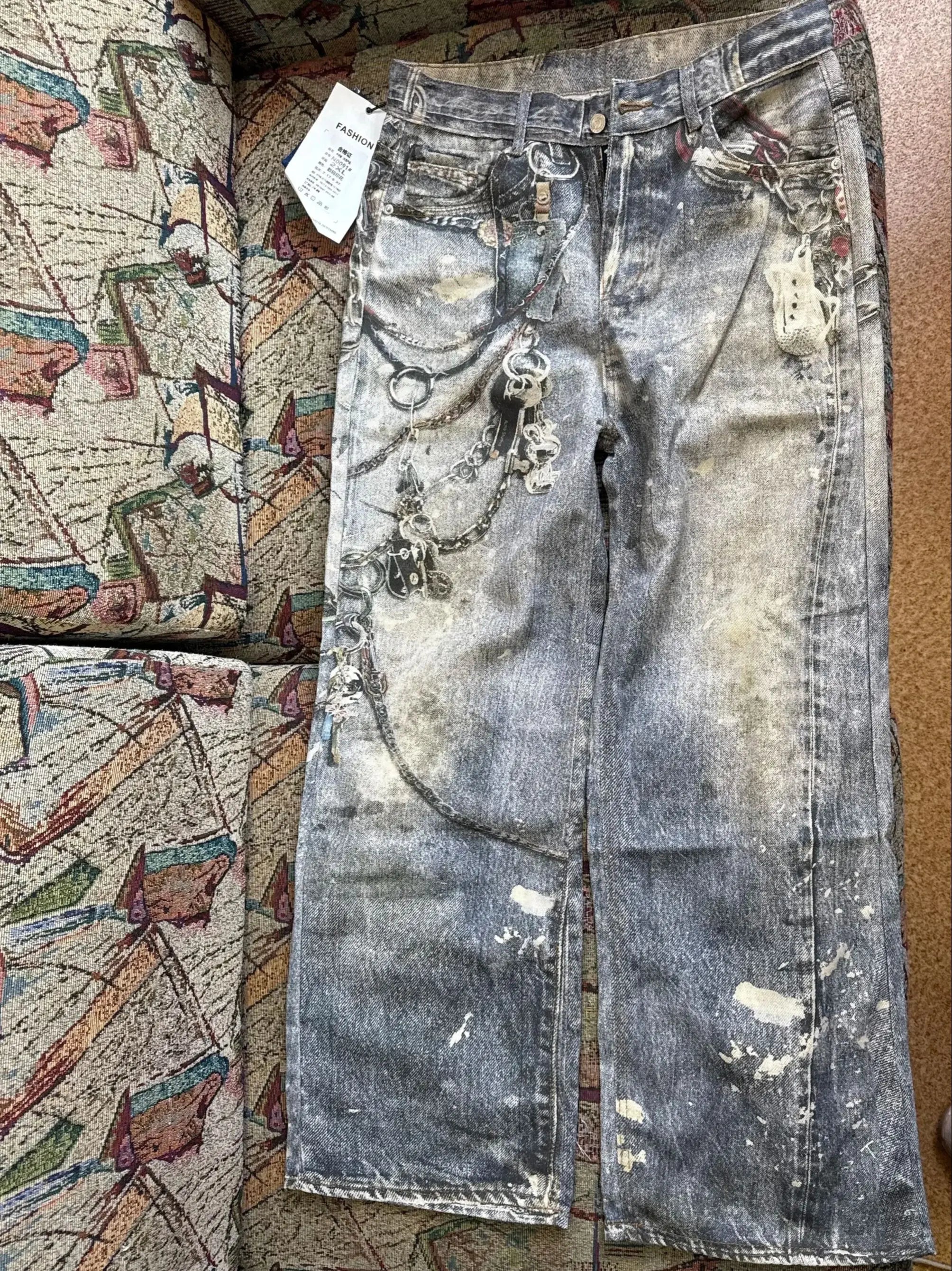 CHIC Streetwear Baggy Jeans for Men American Vintage 3D Painting Printed Washed Denim Pants Women Straight Wide Leg Trousers