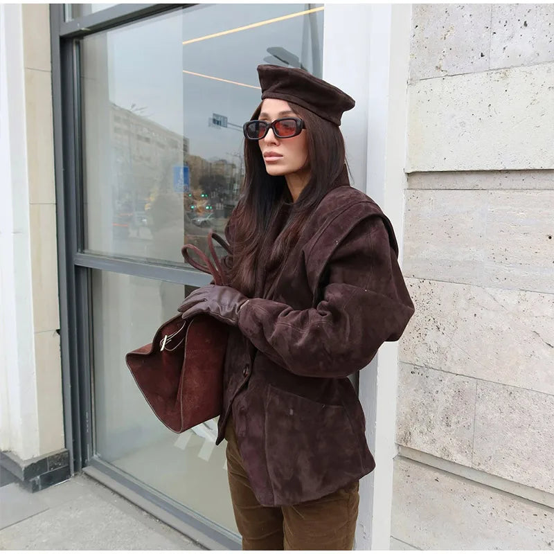 Brown Single Breasted Suede Jacket Women's Fashion