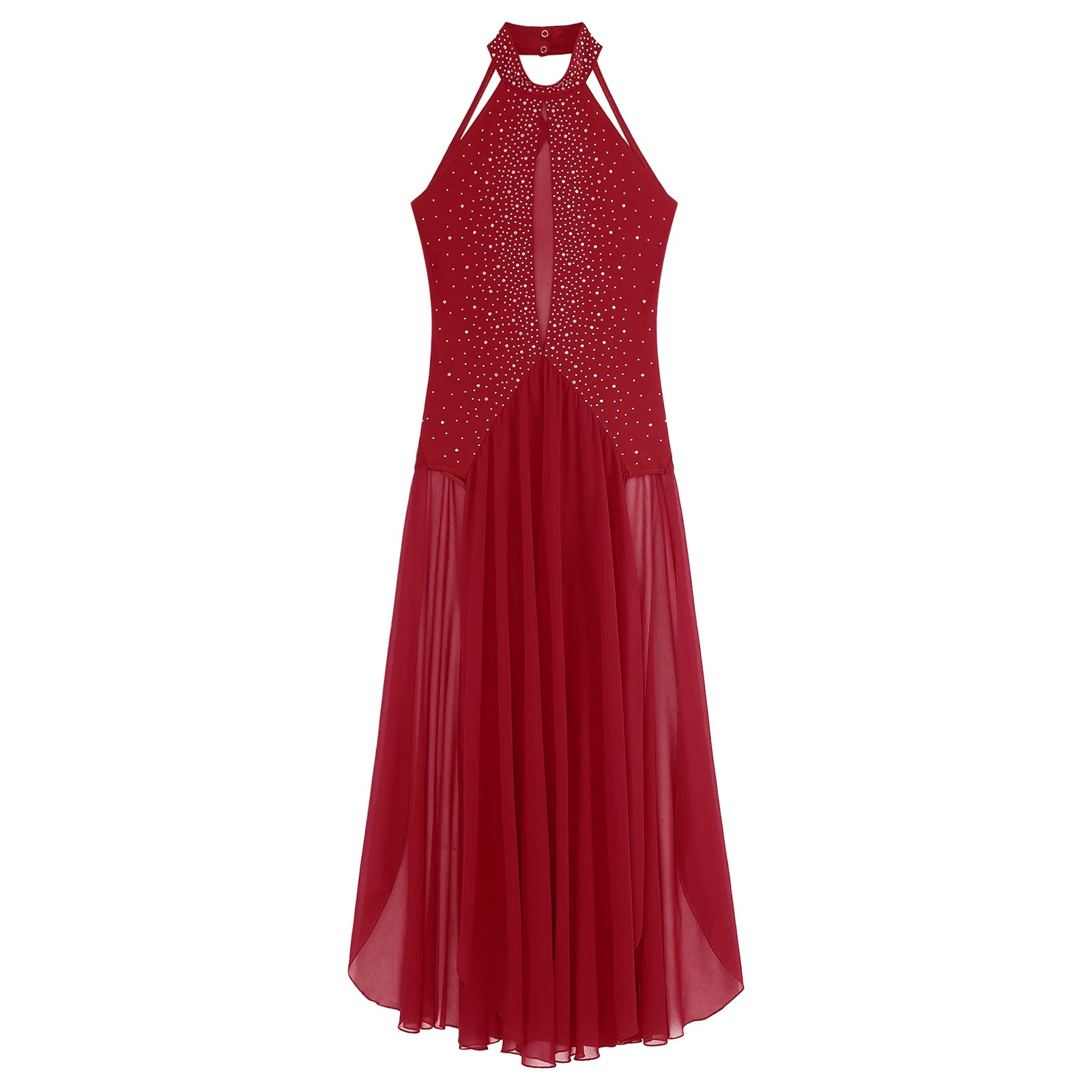 Womens Lyrical Dance Dress Modern Contemporary Dancewear Halter Strappy Back Rhinestones Split Dress for Performance Competition