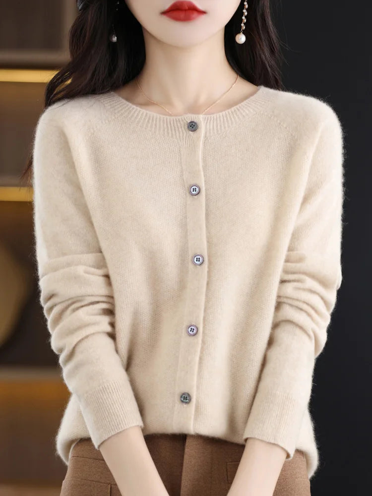 Chic Women's O-Neck Merino Wool Cardigan