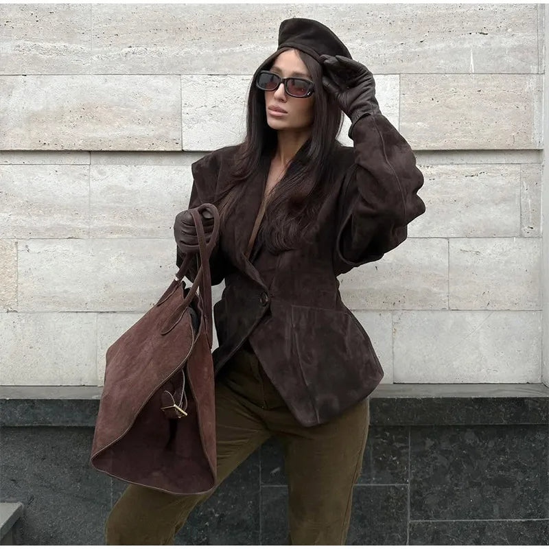 Brown Single Breasted Suede Jacket Women's Fashion