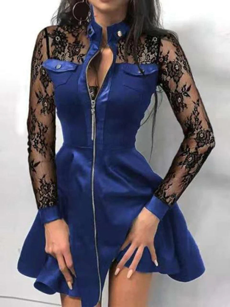 Faux Leather Dress Women Sexy Lace Mini Dress