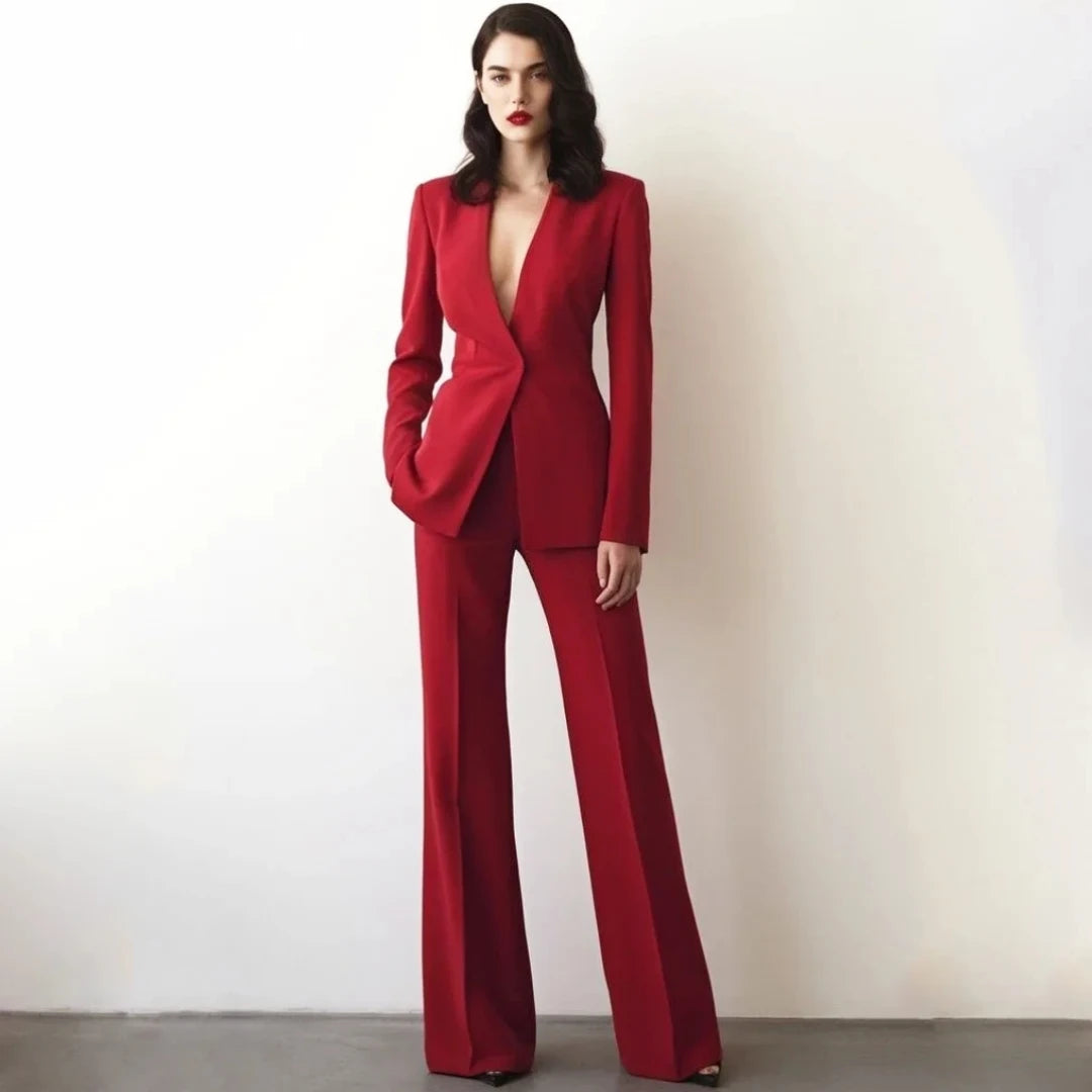 Women Suit 2 Pieces Red Single Button Solid Slim For Wedding Business Work Office Daily Commute Casual Set Blazer And Pants