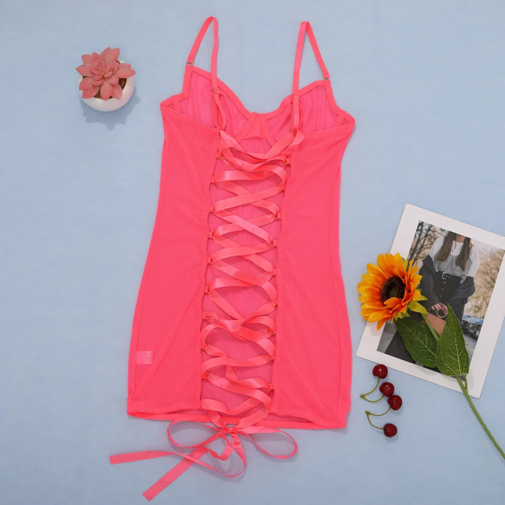 Sexy Cutout Tie Backless Dress Sheer Lace Erotic See Through Lingerie Transparent Porn Night Dresses Lace Up Babydoll Clothes