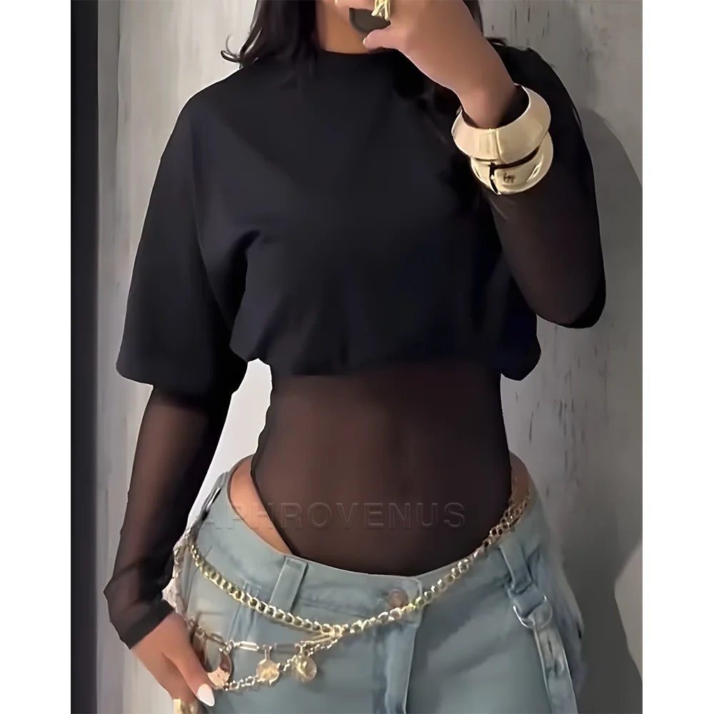 Sexy Lace Bodysuit T-Shirt 2-Piece Set Women's Fashion Lingerie Y2K Streetwear Outfit Casual Summer Clothes S-XXL