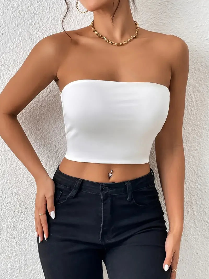 Sexy Bodycon Crop Tube Top, Solid Stretchy Tube Top, Casual Every Day Tops, Women's Clothing