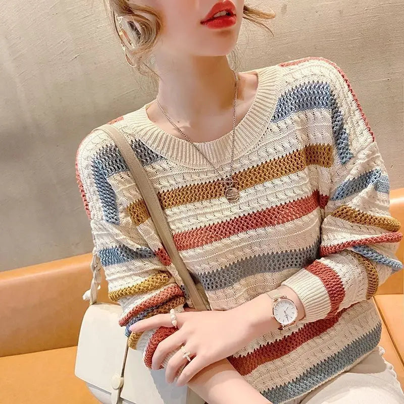 Hollow Striped Cropped Knit Top for Women