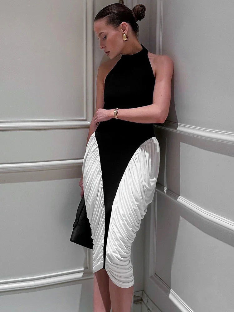 Tossy Pleated Contrast Backless Long Dress Women Sleeveless Patchwork High Waist Halter Sexy Party Dress Female Bodycon Dress