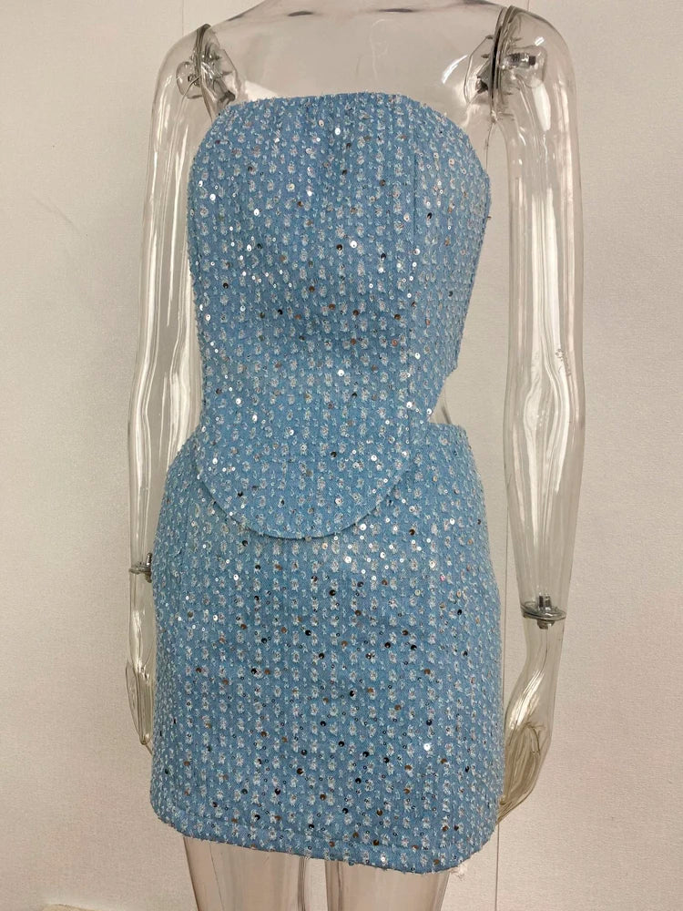 Sexy Sequins Women Denim Tweed Two Piece Dress Sets 2025 Summer Fashion Strapless Top and Bodycon Mini Skirt Female Club Outfits
