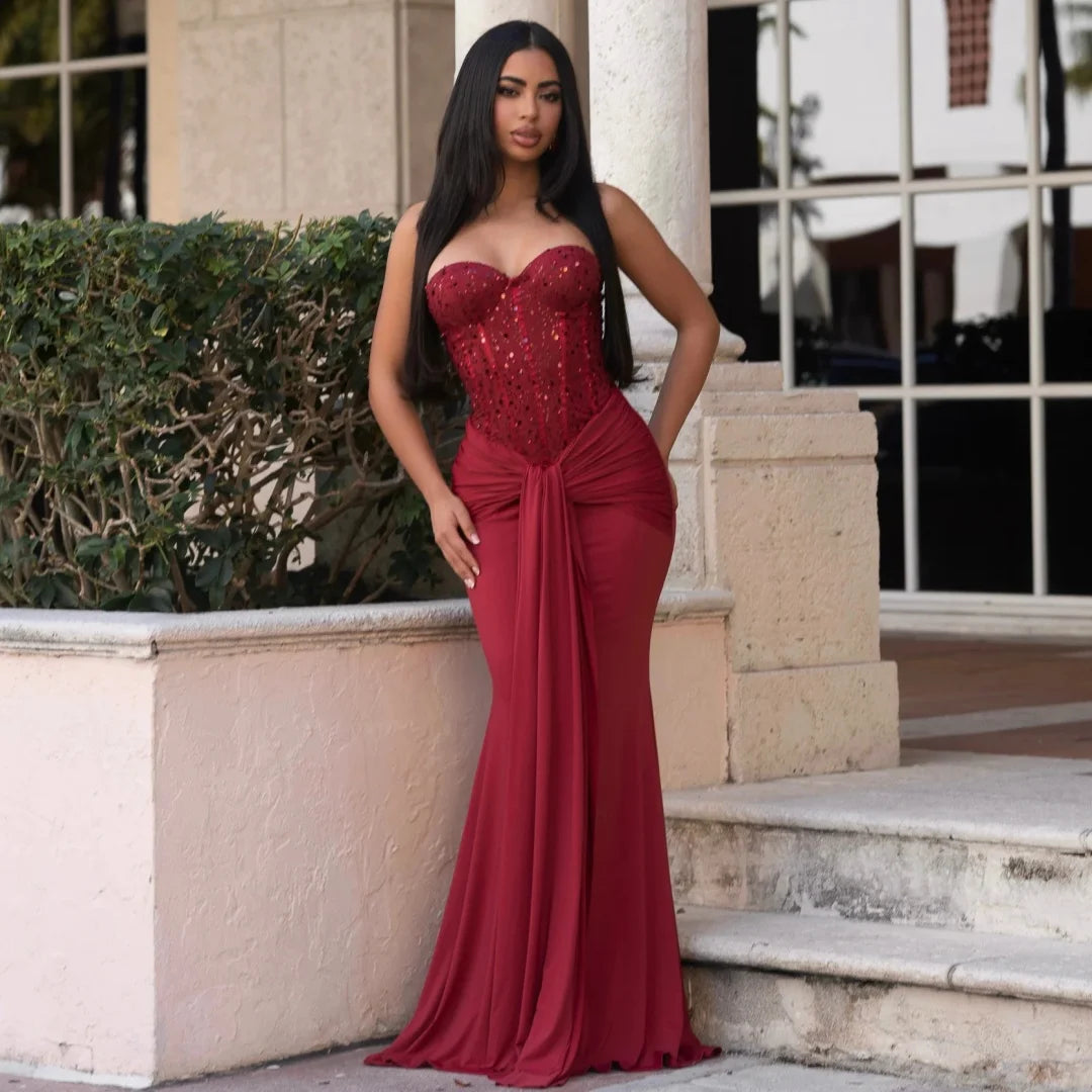 Sexy Burgundy Mermaid Evening Dresses Sweetheart Sequin Sleeveless Prom Gown