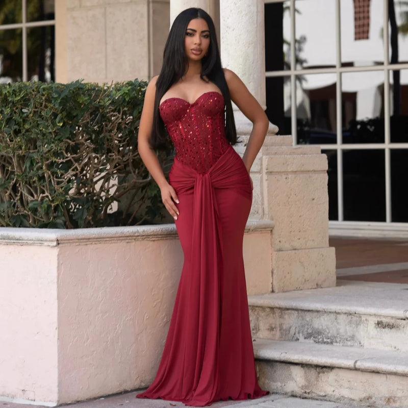 Sexy Burgundy Mermaid Evening Dresses Sweetheart Sequin Sleeveless Prom Gown