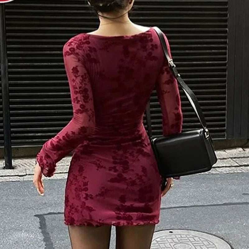 Wine Red Sexy Dresses Women Autumn New O-Neck Streetwear Fashion Print Long Sleeves Dresses Lady Knitted Pullover Clothing Dress