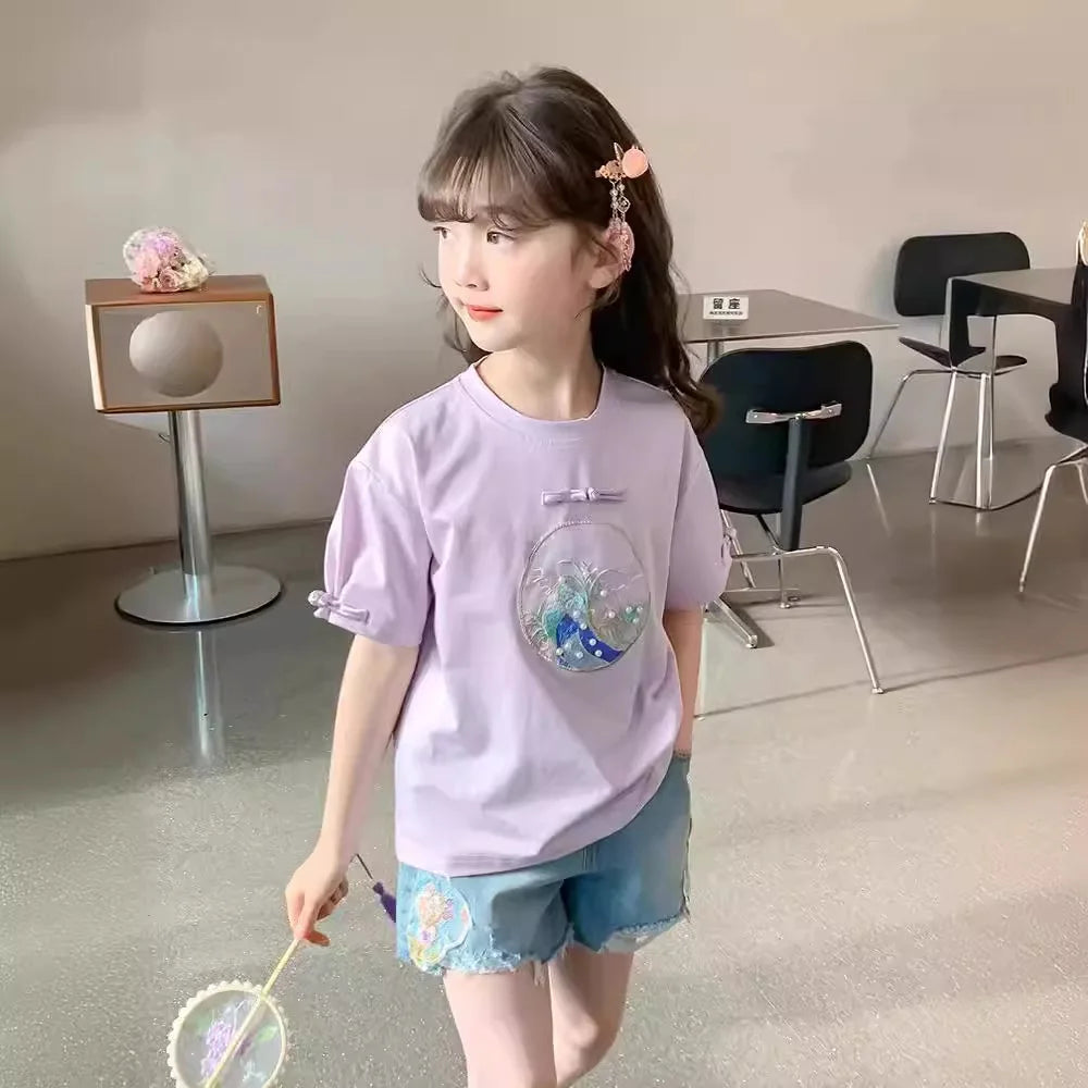 Girls' Cartoon Embroidered Denim Shorts