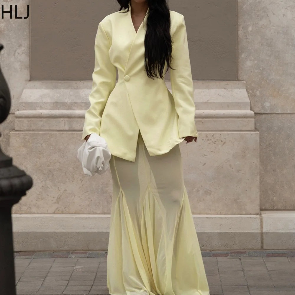 FAGADOER Autumn New Fashion Woman 2 Piece Set Outfit Solid Color Deep V-Neck Jacket and  + Mesh Skirt Matching Female Streetwear