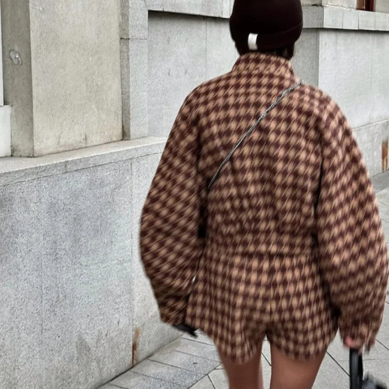 2025 Spring Retro Plaid Women Sets Casual Chic Full Sleeve