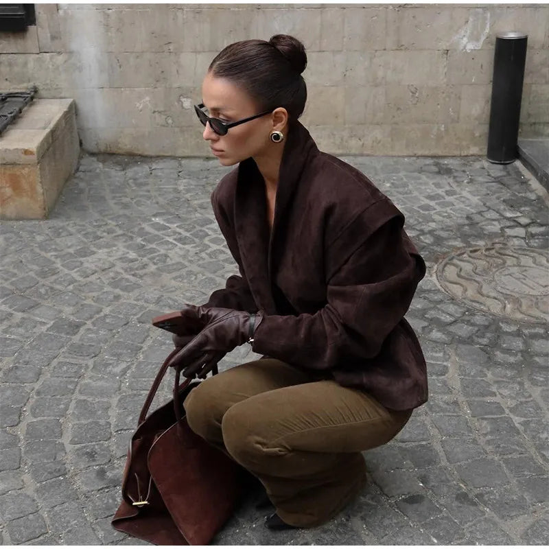 Brown Single Breasted Suede Jacket Women's Fashion