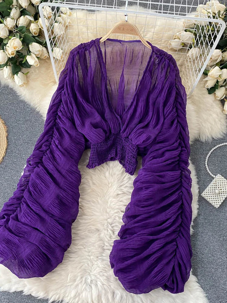 Summer Sexy Draped Chiffon Blouse For Women Elegant V-Neck