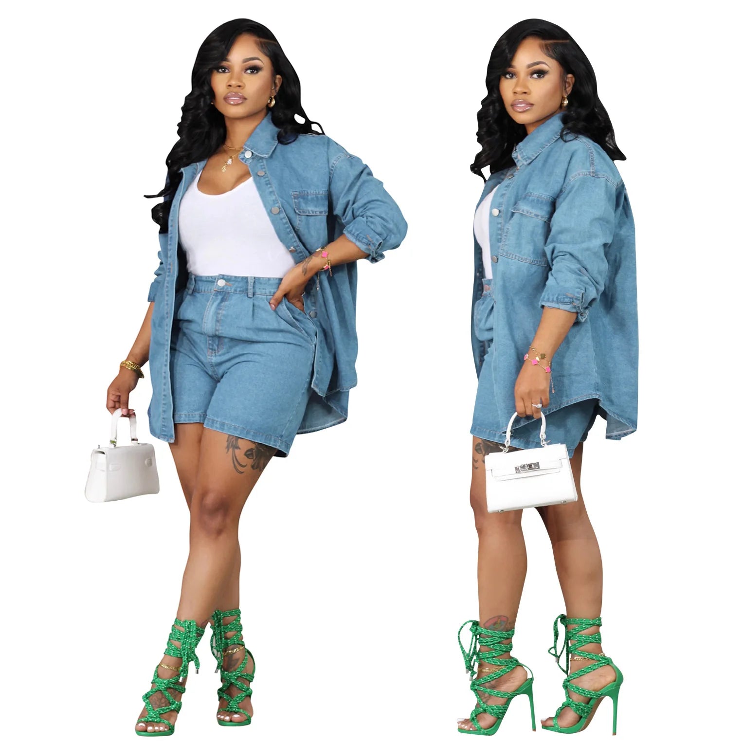 Fashion Women Denim Two 2 Piece Set Long Sleeve Jacket