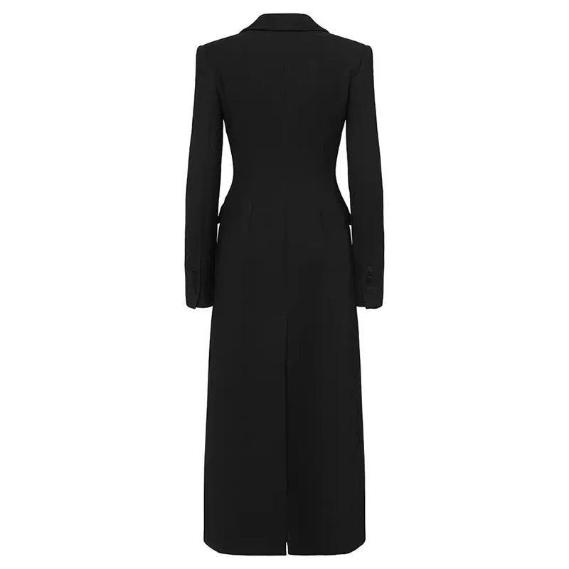 DEAT Fashion Black X-long Blazer Women's Lapel Slim Fit Double Breasted Full Sleeves Suit Jacket Autumn New