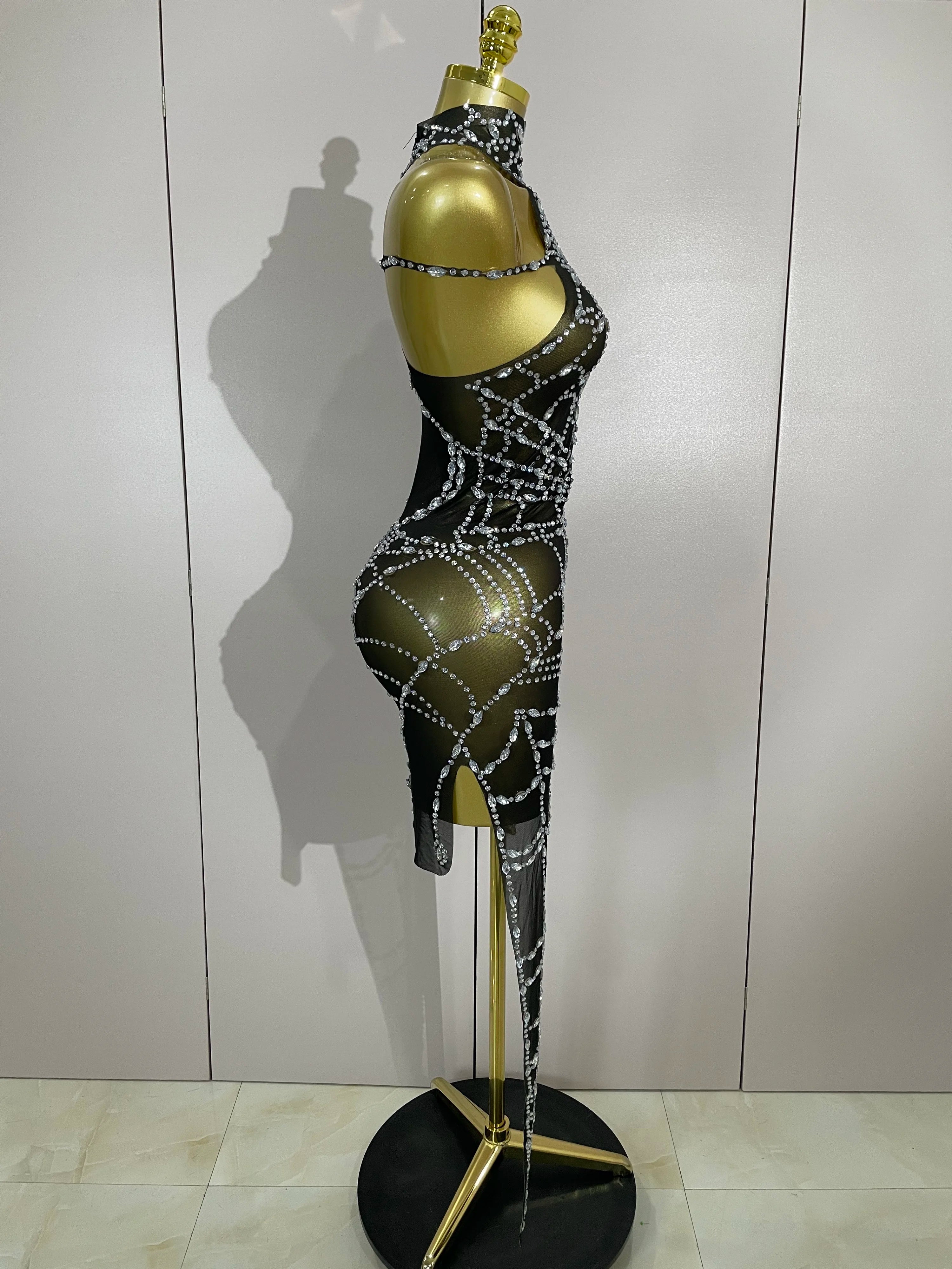 STOCK Sparkly Diamond Sexy Mesh Asymmetric Bodycon Mini Dress Women Nightclub Bar Party Show Gogo Dancer Clothing Stage Costume