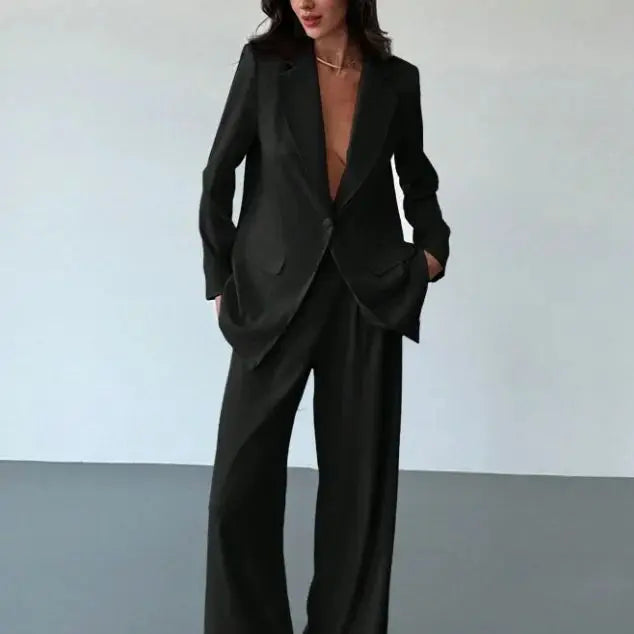 Women's Elegant and Fashionable Two-Piece Business Casual Suit Jacket and Wide-Leg Pants Suit, Versatile Suit Set for Everyday Wear