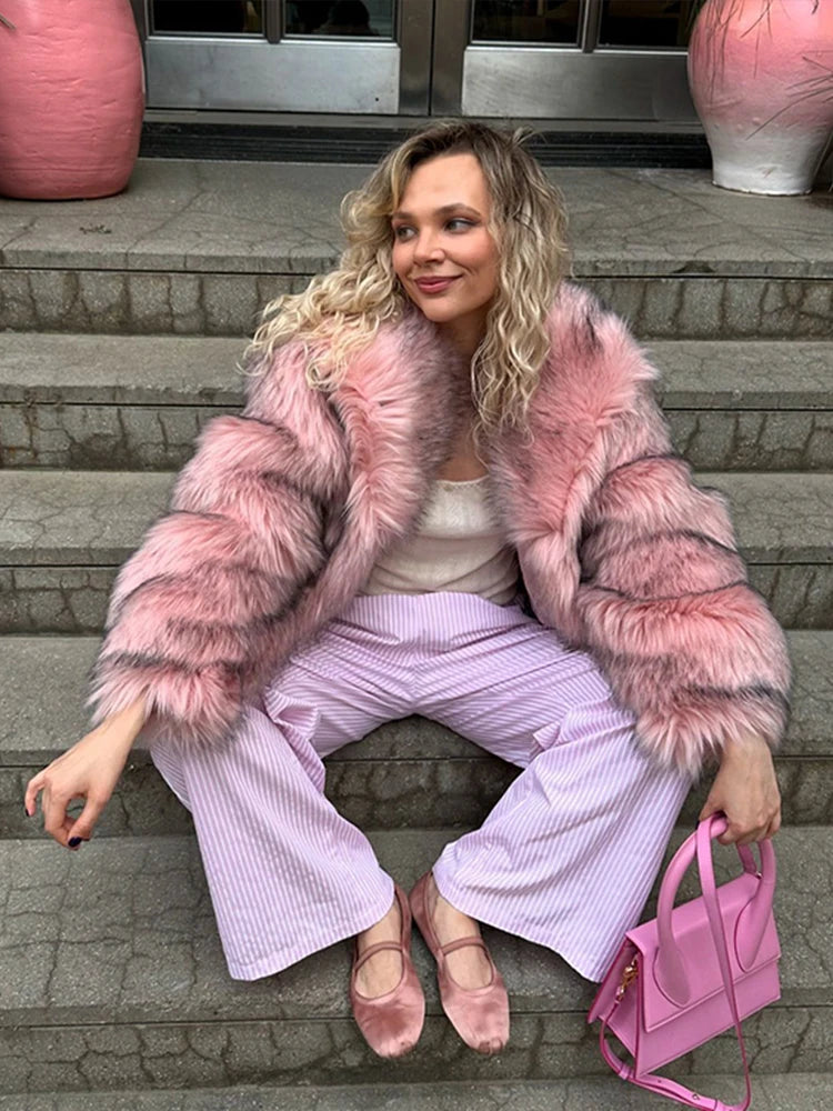Retro Lapel Rose Red Faux Fur Coats Women