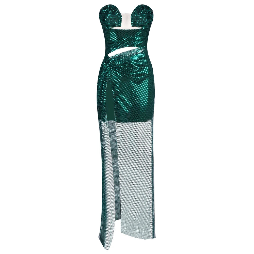 Women Sexy Emerald Green Strapless Sequin Gown With 3D Flower Detail